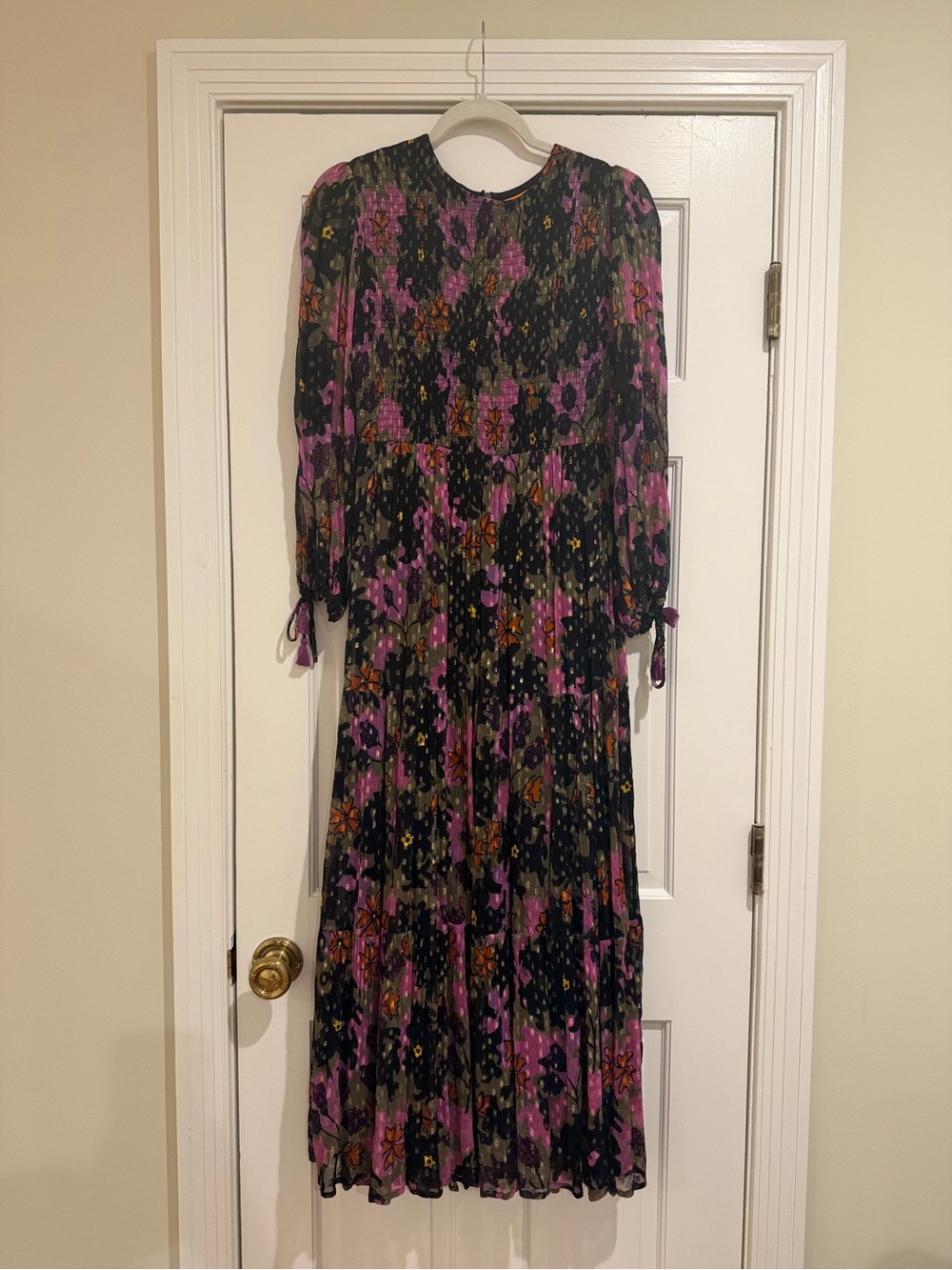 Oliphant Black Floral Pleated Maxi Dress with Purple Accents